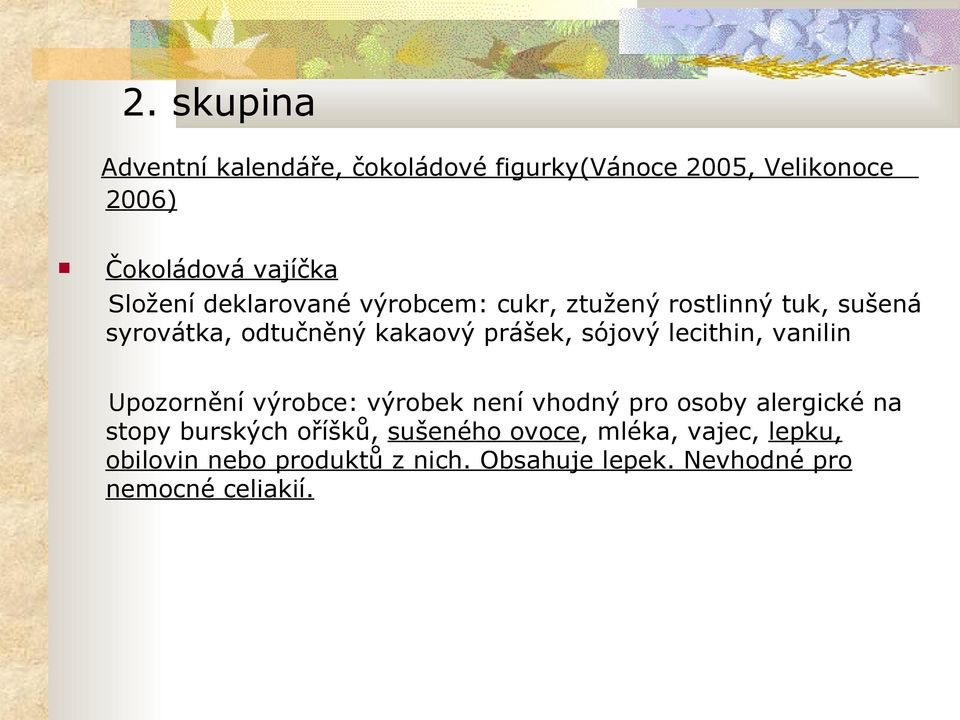 lecithin, vanilin Upozornění výrobce: výrobek není vhodný pro osoby alergické na stopy burských oříšků,