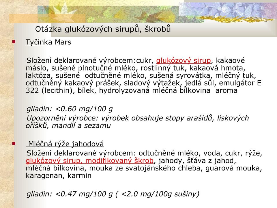 60 mg/100 g Upozornění výrobce: výrobek obsahuje stopy arašídů, lískových oříšků, mandlí a sezamu Mléčná rýže jahodová Složení deklarované výrobcem: odtučněné mléko, voda, cukr, rýže,