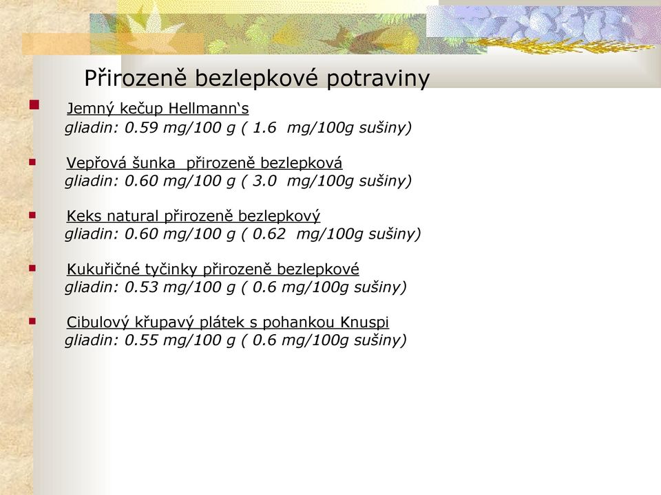 0 mg/100g sušiny) Keks natural přirozeně bezlepkový gliadin: 0.60 mg/100 g ( 0.