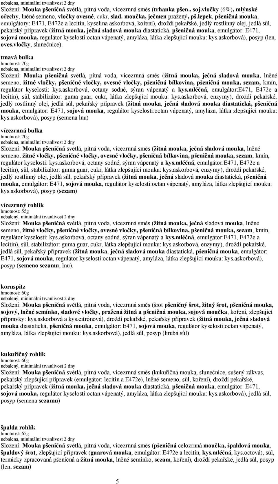 lepek, pšeničná mouka, emulgátory: E471, E472e a lecitin, kyselina askorbová, koření), droždí pekařské, jedlý rostlinný olej, jedlá sůl, pekařský přípravek (žitná mouka, ječná sladová mouka