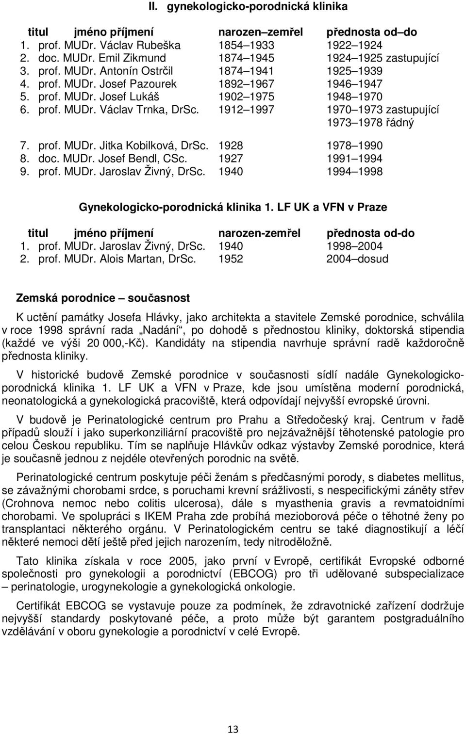 1912 1997 1970 1973 zastupující 1973 1978 řádný 7. prof. MUDr. Jitka Kobilková, DrSc. 1928 1978 1990 8. doc. MUDr. Josef Bendl, CSc. 1927 1991 1994 9. prof. MUDr. Jaroslav Živný, DrSc.