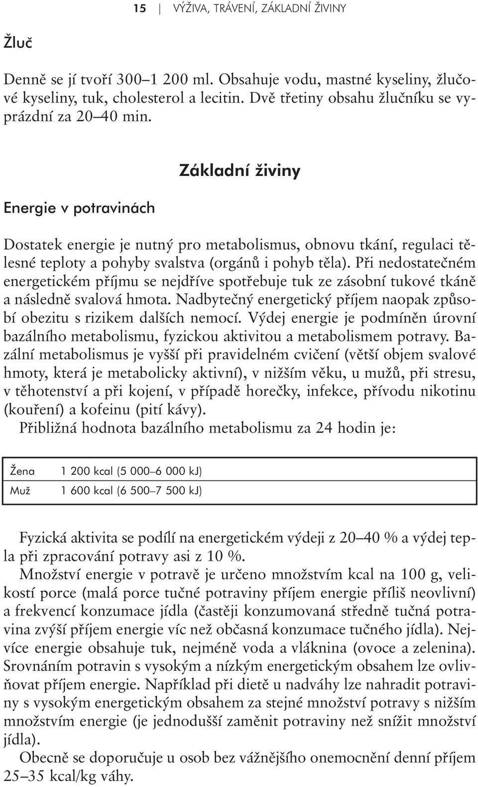 Energie v potravinách Základní živiny Dostatek energie je nutný pro metabolismus, obnovu tkání, regulaci tělesné teploty a pohyby svalstva (orgánů i pohyb těla).