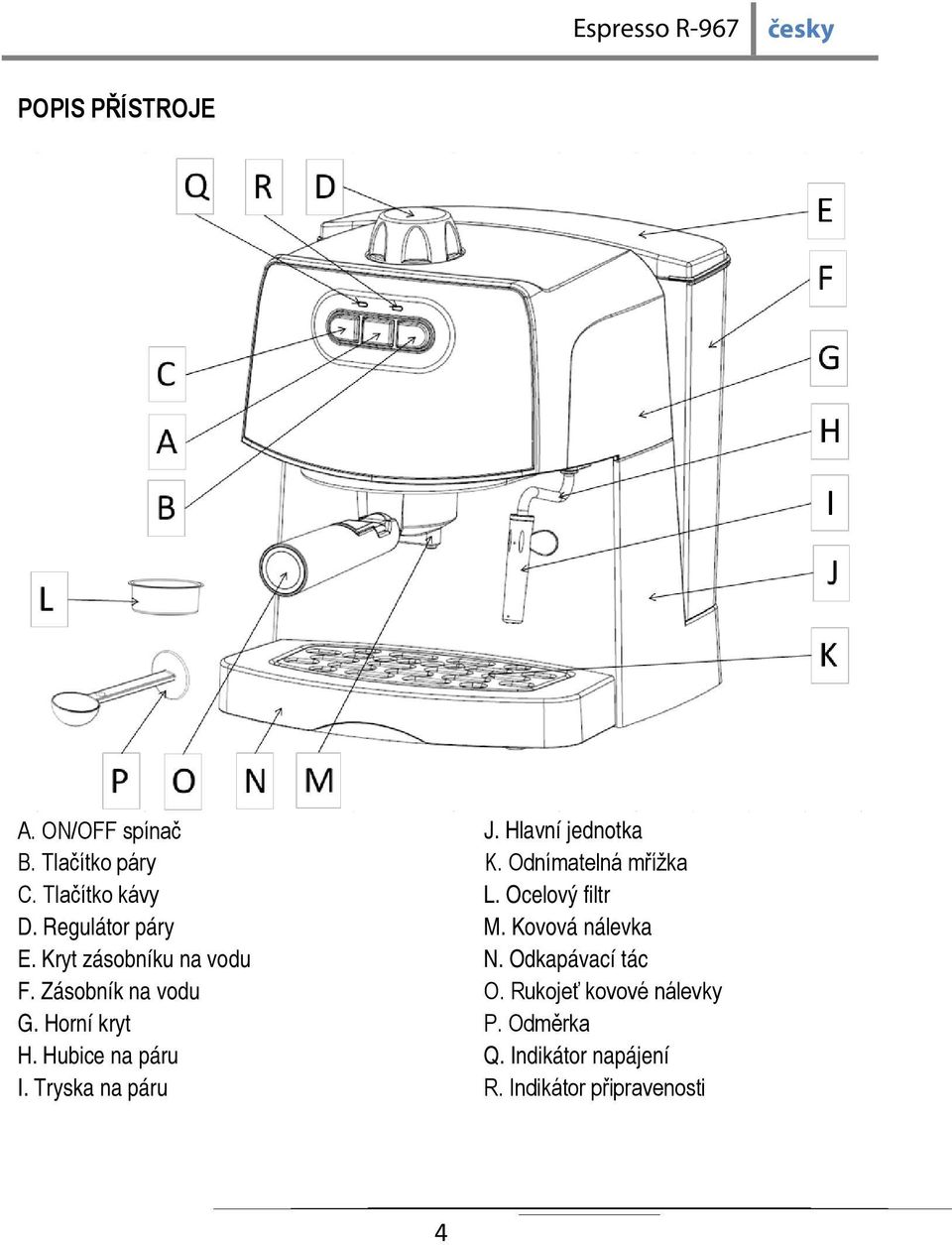 Tryska na páru J. Hlavní jednotka K. Odnímatelná mřížka L. Ocelový filtr M.