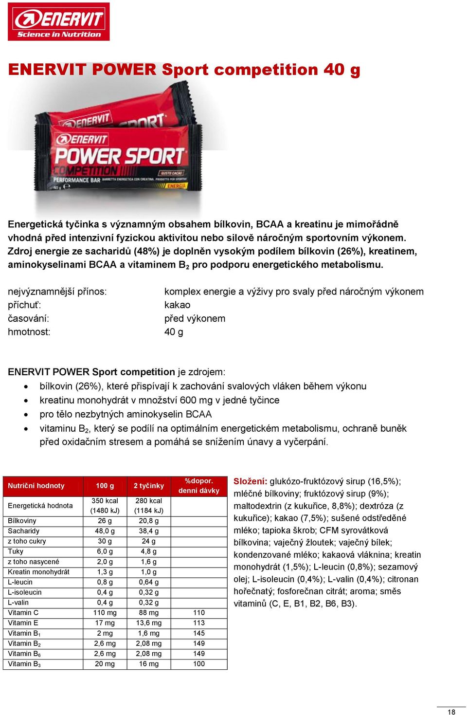 nejvýznamnější přínos: příchuť: časování: hmotnost: komplex energie a výživy pro svaly před náročným výkonem kakao před výkonem 40 g ENERVIT POWER Sport competition je zdrojem: bílkovin (26%), které