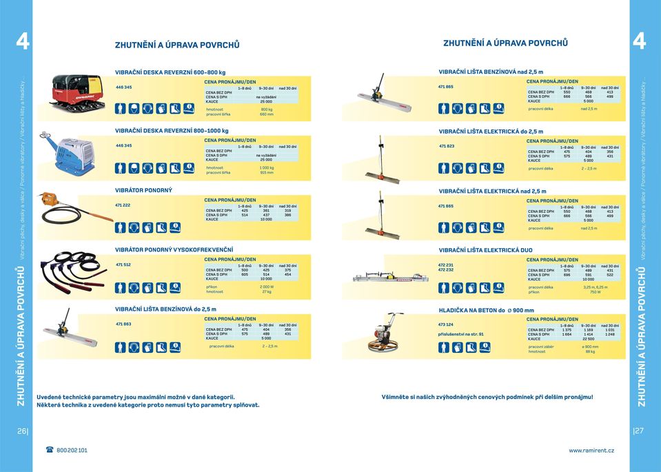 .. 446 345 VIBRAČNÍ DESKA REVERZNÍ 800-1000 kg 446 345 VIBRÁTOR PONORNÝ 471 222 VIBRÁTOR PONORNÝ VYSOKOFREKVENČNÍ 471 512 VIBRAČNÍ LIŠTA BENZÍNOVÁ do 2,5 m 471 863 pracovní šířka pracovní šířka 425