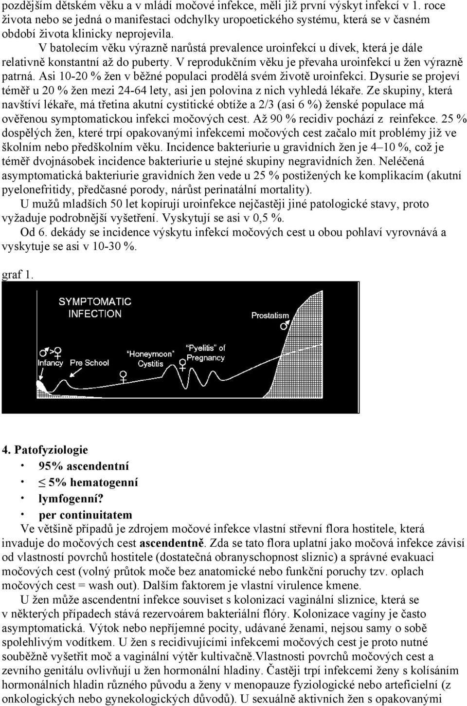 V batolecím věku výrazně narůstá prevalence uroinfekcí u dívek, která je dále relativně konstantní až do puberty. V reprodukčním věku je převaha uroinfekcí u žen výrazně patrná.
