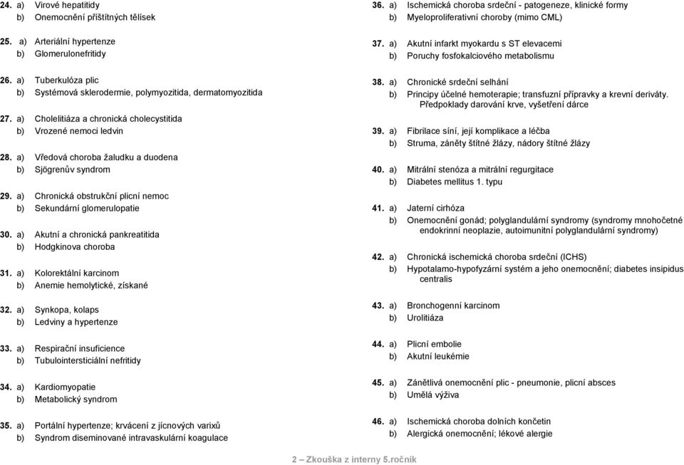 a) Chronická obstrukční plicní nemoc b) Sekundární glomerulopatie 30. a) Akutní a chronická pankreatitida b) Hodgkinova choroba 31. a) Kolorektální karcinom b) Anemie hemolytické, získané 32.