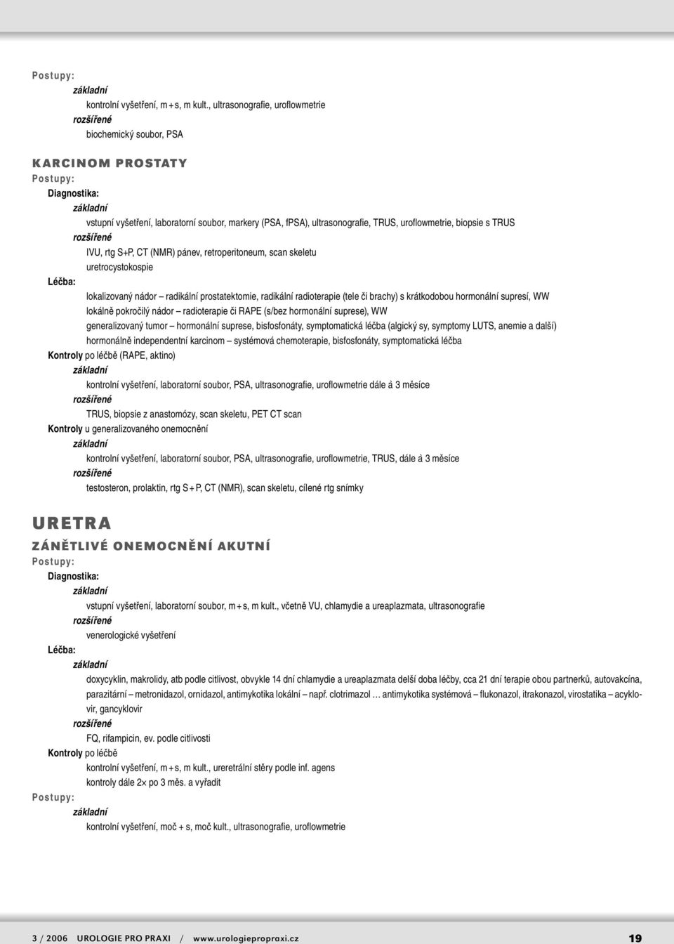S+P, CT (NMR) pánev, retroperitoneum, scan skeletu uretrocystokospie lokalizovaný nádor radikální prostatektomie, radikální radioterapie (tele či brachy) s krátkodobou hormonální supresí, WW lokálně