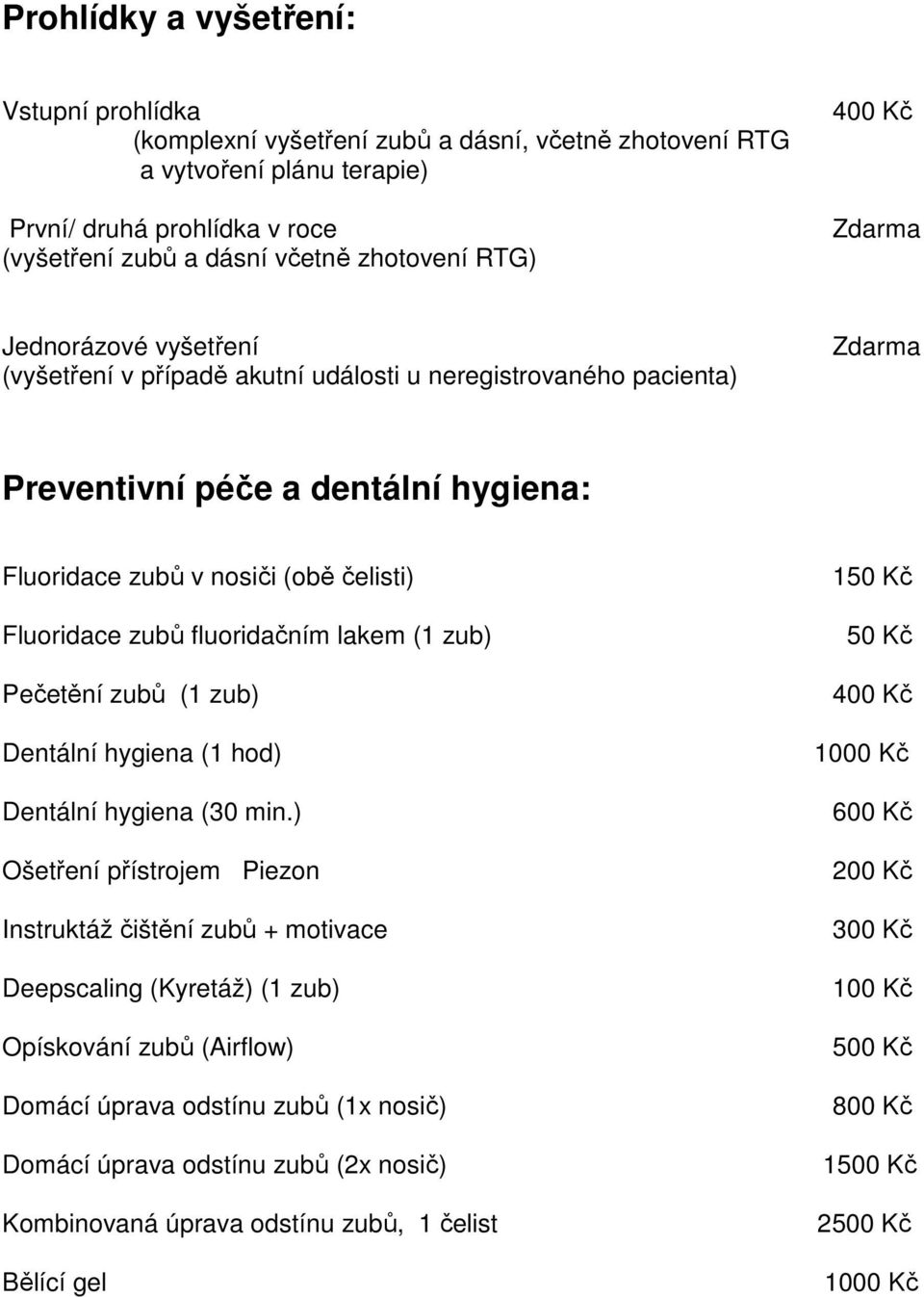 zubů fluoridačním lakem (1 zub) Pečetění zubů (1 zub) Dentální hygiena (1 hod) Dentální hygiena (30 min.