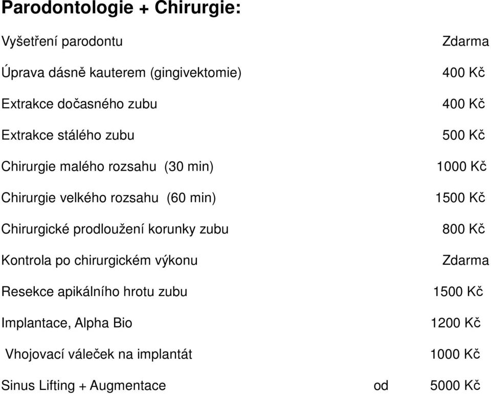 (60 min) Chirurgické prodloužení korunky zubu Kontrola po chirurgickém výkonu Resekce apikálního