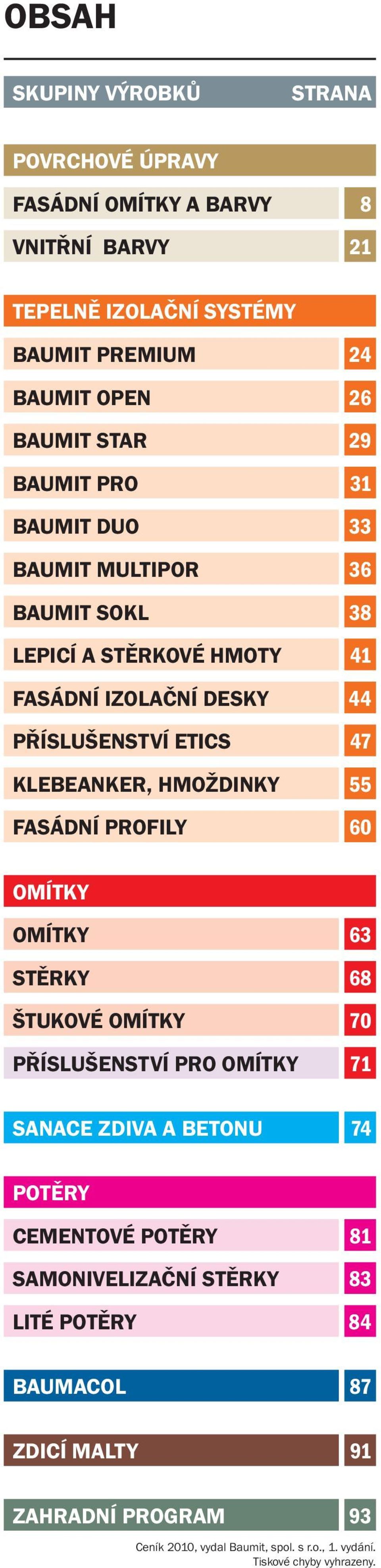 26 29 31 33 36 38 41 44 47 55 60 OMÍTKY OMÍTKY STĚRKY ŠTUKOVÉ OMÍTKY PŘÍSLUŠENSTVÍ PRO OMÍTKY SANACE ZDIVA A BETONU 63 68 70 71 74 POTĚRY CEMENTOVÉ POTĚRY