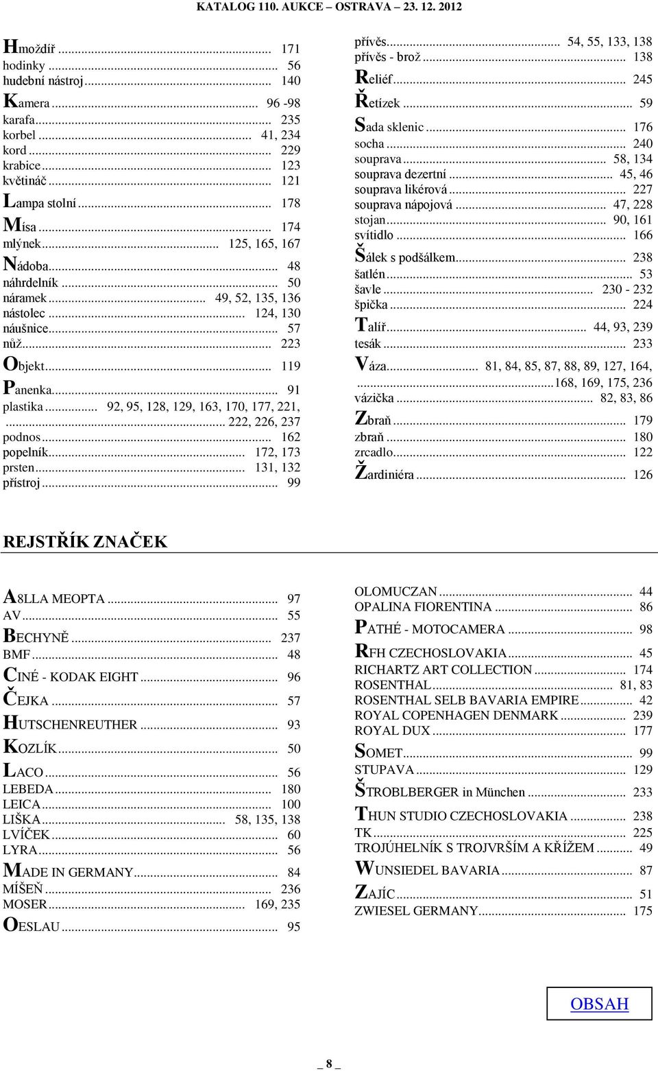 .. 222, 226, 237 podnos... 162 popelník... 172, 173 prsten... 131, 132 přístroj... 99 přívěs... 54, 55, 133, 138 přívěs - brož... 138 Reliéf... 245 Řetízek... 59 Sada sklenic... 176 socha.