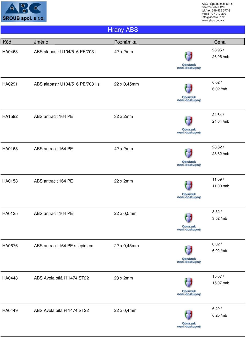 62 /mb HA0158 ABS antracit 164 PE 11.09 / 11.09 /mb HA0135 ABS antracit 164 PE 3.52 / 3.