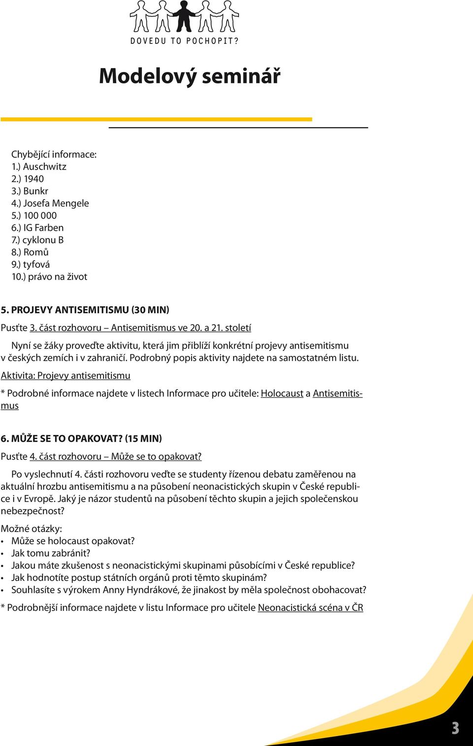 století Nyní se žáky proveďte aktivitu, která jim přiblíží konkrétní projevy antisemitismu v českých zemích i v zahraničí. Podrobný popis aktivity najdete na samostatném listu.