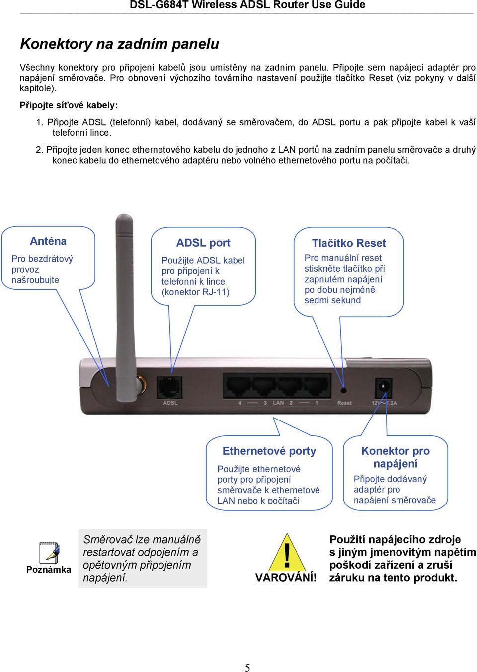 Připojte ADSL (telefonní) kabel, dodávaný se směrovačem, do ADSL portu a pak připojte kabel k vaší telefonní lince. 2.