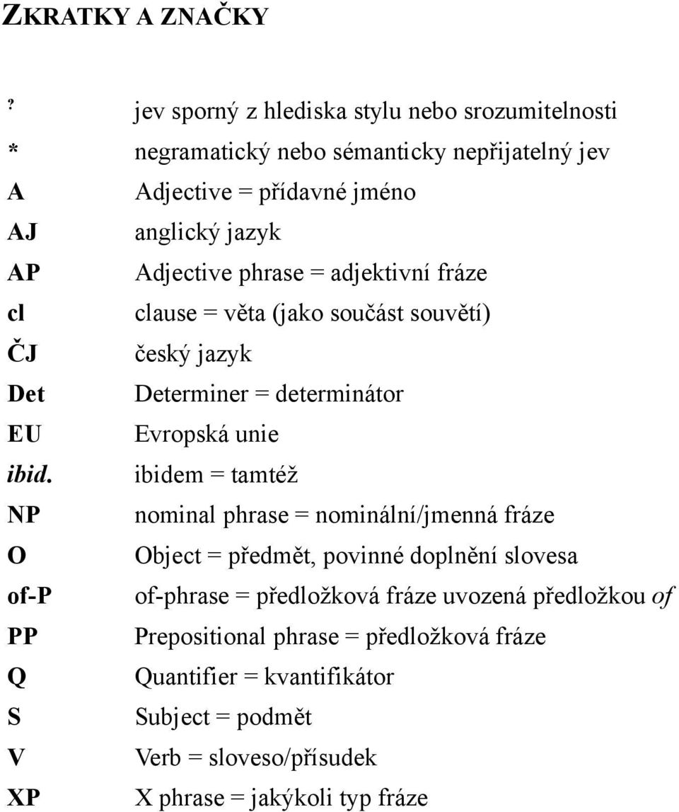 Adjective phrase = adjektivní fráze cl clause = věta (jako součást souvětí) ČJ český jazyk Det Determiner = determinátor EU Evropská unie ibid.