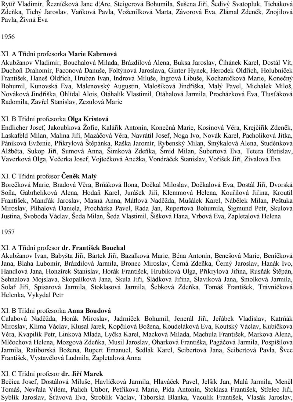 A Třídní profesorka Marie Kabrnová Akubžanov Vladimír, Bouchalová Milada, Brázdilová Alena, Buksa Jaroslav, Čihánek Karel, Dostál Vít, Duchoň Drahomír, Faconová Danuše, Foltýnová Jaroslava, Ginter