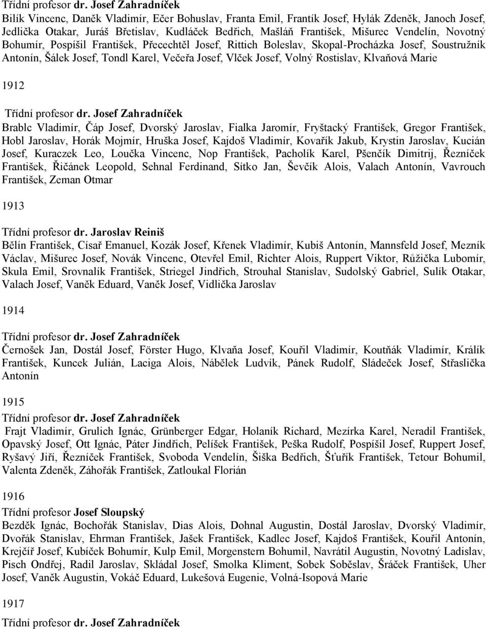Vendelín, Novotný Bohumír, Pospíšil František, Přecechtěl Josef, Rittich Boleslav, Skopal-Procházka Josef, Soustružník Antonín, Šálek Josef, Tondl Karel, Večeřa Josef, Vlček Josef, Volný Rostislav,