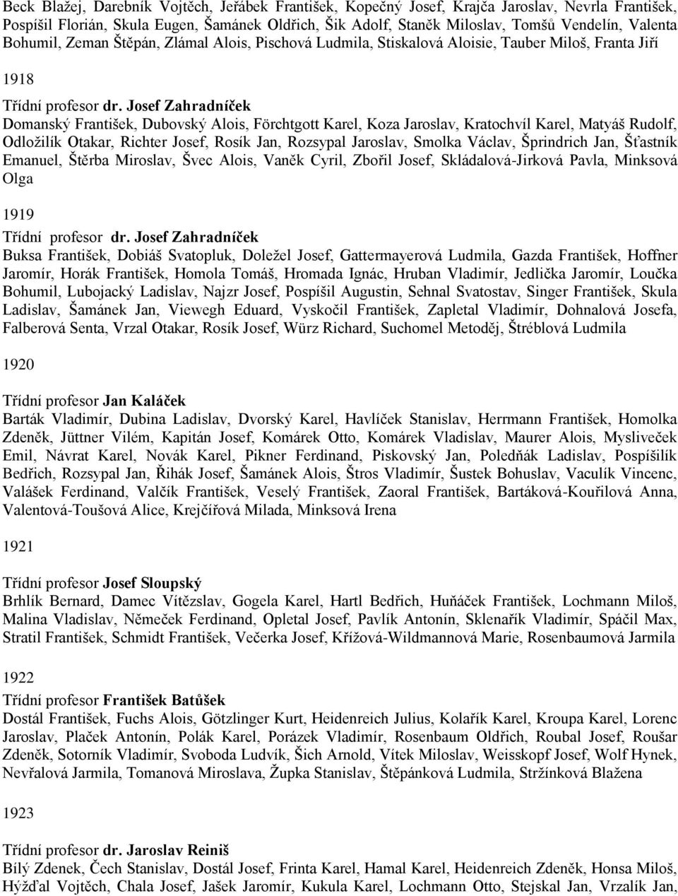 Josef Zahradníček Domanský František, Dubovský Alois, Förchtgott Karel, Koza Jaroslav, Kratochvíl Karel, Matyáš Rudolf, Odložilík Otakar, Richter Josef, Rosík Jan, Rozsypal Jaroslav, Smolka Václav,