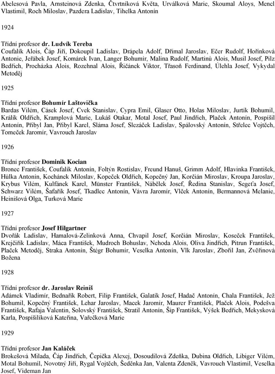 Musil Josef, Pilz Bedřich, Procházka Alois, Rozehnal Alois, Řičánek Viktor, Třasoň Ferdinand, Úlehla Josef, Vykydal Metoděj 1925 Třídní profesor Bohumír Laštovička Bardas Vilém, Cásek Josef, Cvek