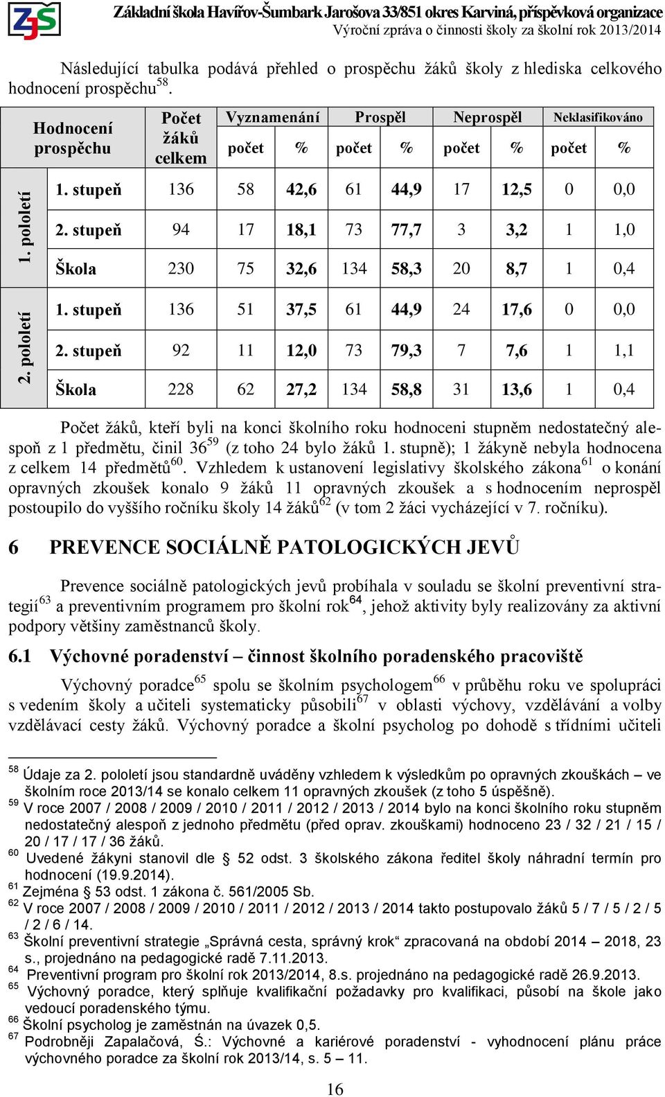 Hodnocení prospěchu Počet žáků celkem Vyznamenání Prospěl Neprospěl Neklasifikováno počet % počet % počet % počet % 1. stupeň 136 58 42,6 61 44,9 17 12,5 0 0,0 2.