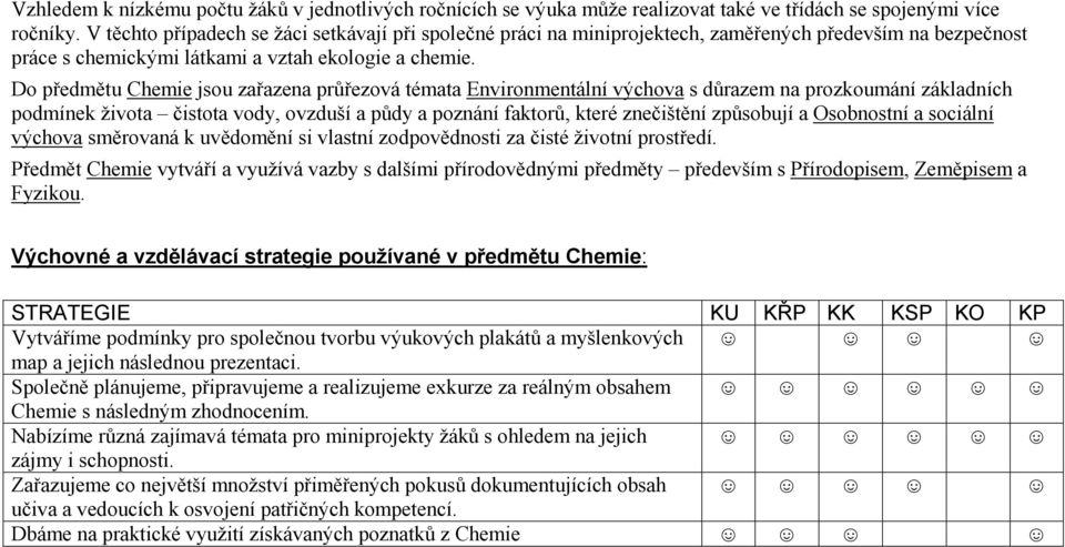 Do předmětu Chemie jsou zařazena průřezová témata Environmentální výchova s důrazem na prozkoumání základních podmínek života čistota vody, ovzduší a půdy a poznání faktorů, které znečištění