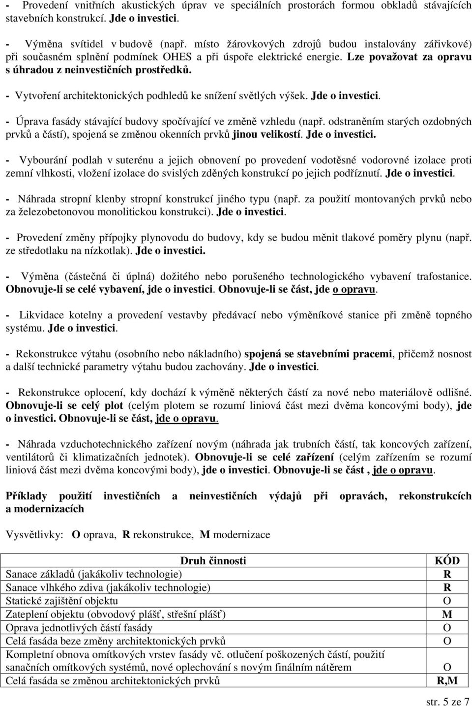 - Vytvoření architektonických podhledů ke snížení světlých výšek. Jde o investici. - Úprava fasády stávající budovy spočívající ve změně vzhledu (např.