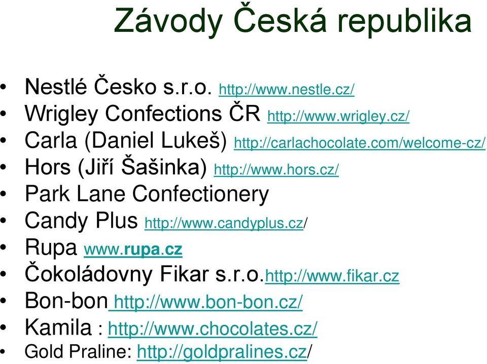 cz/ Park Lane Confectionery Candy Plus http://www.candyplus.cz/ Rupa www.rupa.cz Čokoládovny Fikar s.r.o.http://www.fikar.