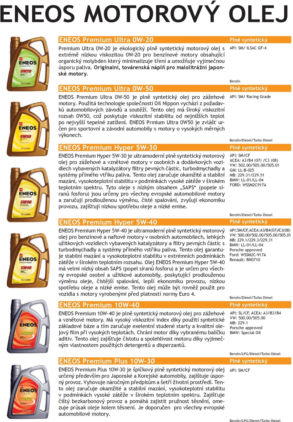 ENEOS Premium Ultra 0W-50 ENEOS Premium Ultra 0W-50 je plně syntetický olej pro zážehové motory. Použitá technologie společnosti Oil Nippon vychází z požadavků automobilových závodů a soutěží.