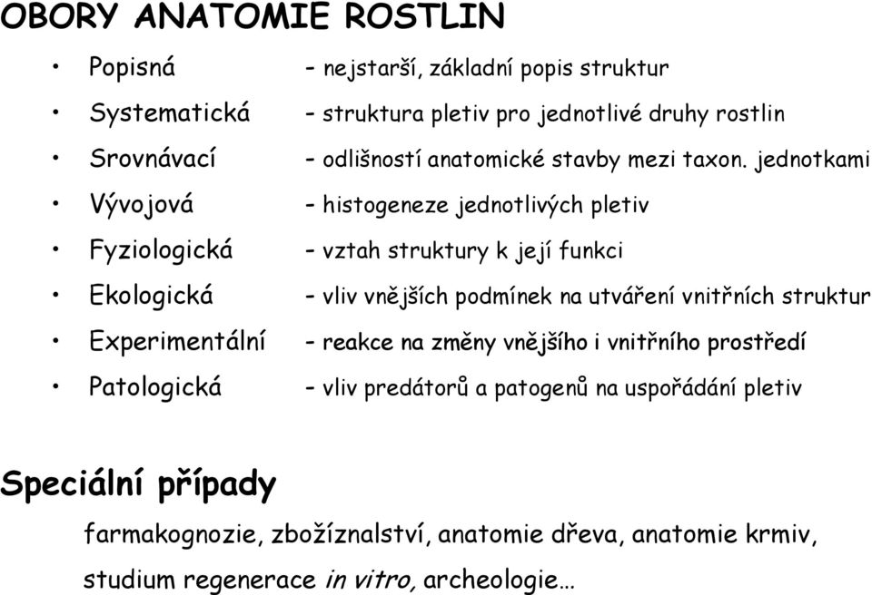 jednotkami Vývojová - histogeneze jednotlivých pletiv Fyziologická - vztah struktury k její funkci Ekologická - vliv vnějších podmínek na utváření