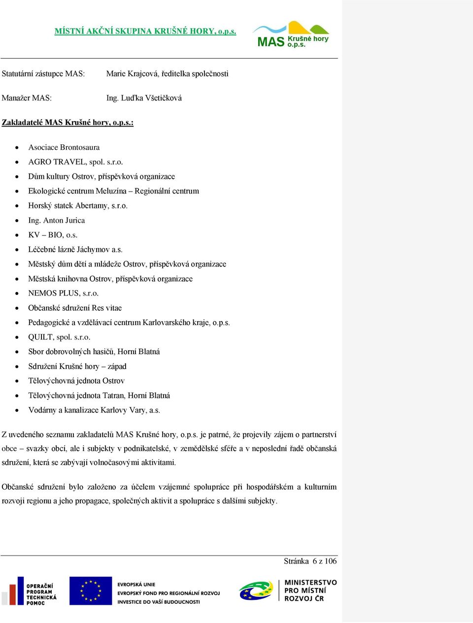 p.s. QUILT, spol. s.r.o. Sbor dobrovolných hasičů, Horní Blatná Sdružení Krušné hory západ Tělovýchovná jednota Ostrov Tělovýchovná jednota Tatran, Horní Blatná Vodárny a kanalizace Karlovy Vary, a.s. Z uvedeného seznamu zakladatelů MAS Krušné hory, o.
