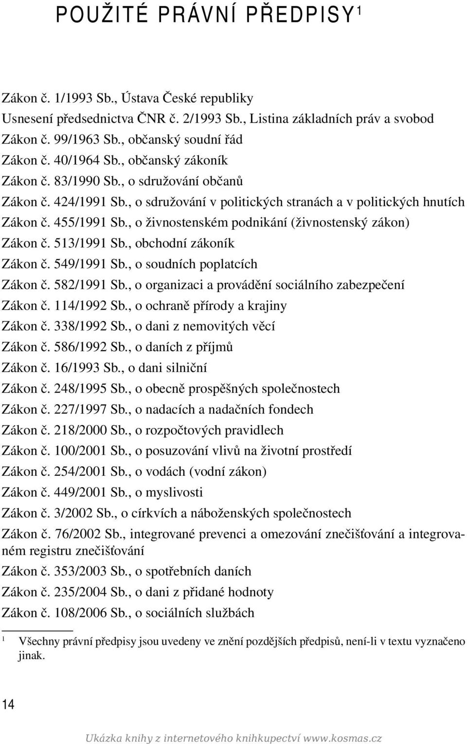 , o živnostenském podnikání (živnostenský zákon) Zákon č. 513/1991 Sb., obchodní zákoník Zákon č. 549/1991 Sb., o soudních poplatcích Zákon č. 582/1991 Sb.