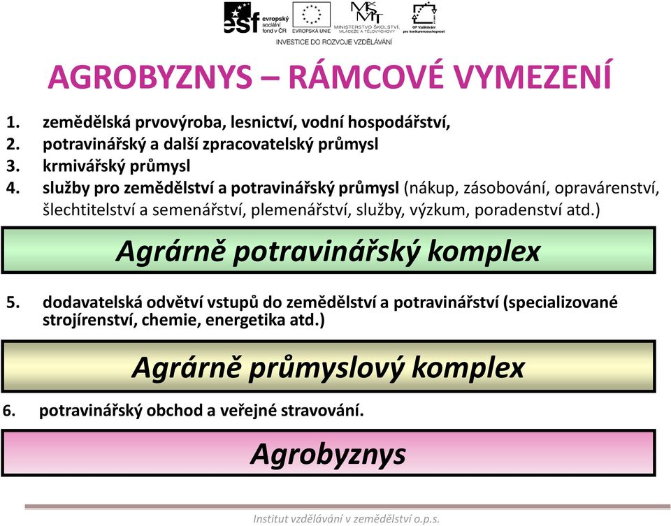 služby pro zemědělství a potravinářský průmysl (nákup, zásobování, opravárenství, šlechtitelství a semenářství, plemenářství, služby, výzkum,