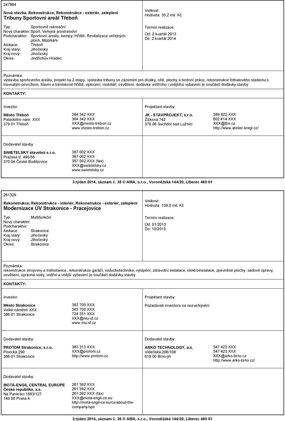 kvartál 2014 výstavba sportovního areálu, projekt na 2 etapy, výstavba tribuny se zázemím pro diváky, sítě, plochy a terénní práce, rekonstrukce fotbalového stadionu s travnatým povrchem, hlavní a