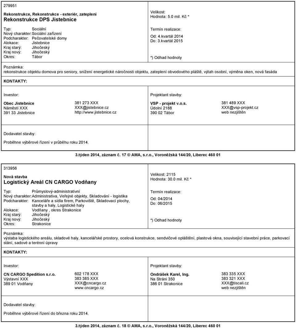 kvartál 2015 rekonstrukce objektu domova pro seniory, snížení energetické náročnosti objektu, zateplení obvodového pláště, výtah osobní, výměna oken, nová fasáda Obec Jistebnice Náměstí XXX 391 33
