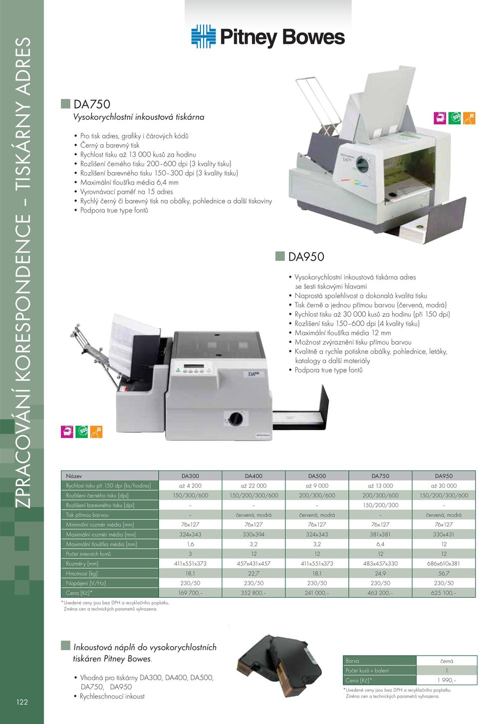 obálky, pohlednice a další tiskoviny Podpora true type fontů DA950 Vysokorychlostní inkoustová tiskárna adres se šesti tiskovými hlavami Naprostá spolehlivost a dokonalá kvalita tisku Tisk černě a