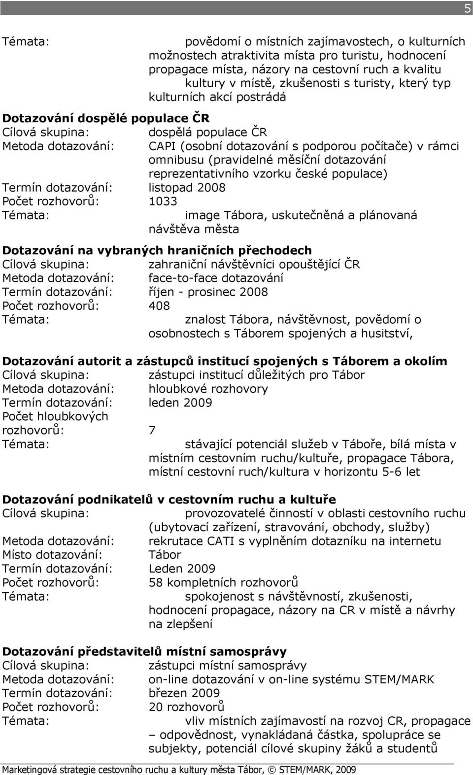 měsíční dotazování reprezentativního vzorku české populace) Termín dotazování: listopad 2008 Počet rozhovorů: 1033 Témata: image Tábora, uskutečněná a plánovaná návštěva města Dotazování na vybraných