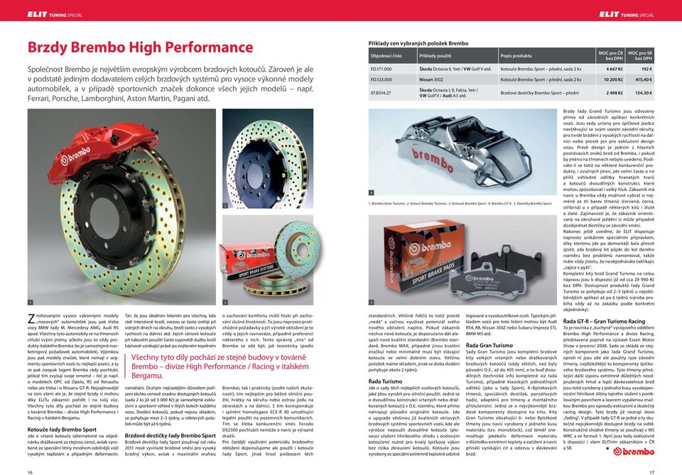 Ferrari, Porsche, Lamborghini, Aston Martin, Pagani atd. Příklady cen vybraných položek Brembo Objednací číslo Příklady použití Popis produktu FD.171.000 Škoda Octavia II, Yeti / VW Golf V atd.