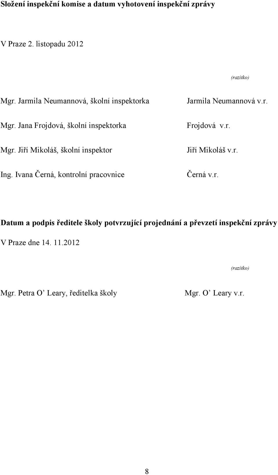 r. Ing. Ivana Černá, kontrolní pracovnice Černá v.r. Datum a podpis ředitele školy potvrzující projednání a převzetí inspekční zprávy V Praze dne 14.