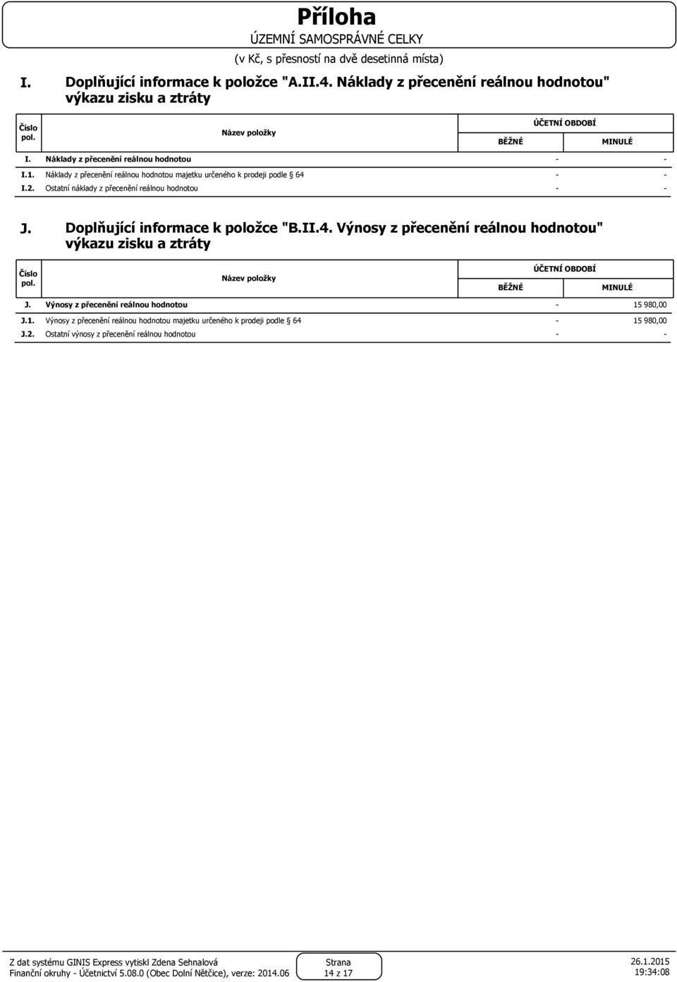 Doplňující informace k položce "B.II.4. Výnosy z přecenění reálnou hodnotou" výkazu zisku a ztráty BĚŽNÉ ÚČETNÍ OBDOBÍ MINULÉ J. J.1. J.2.