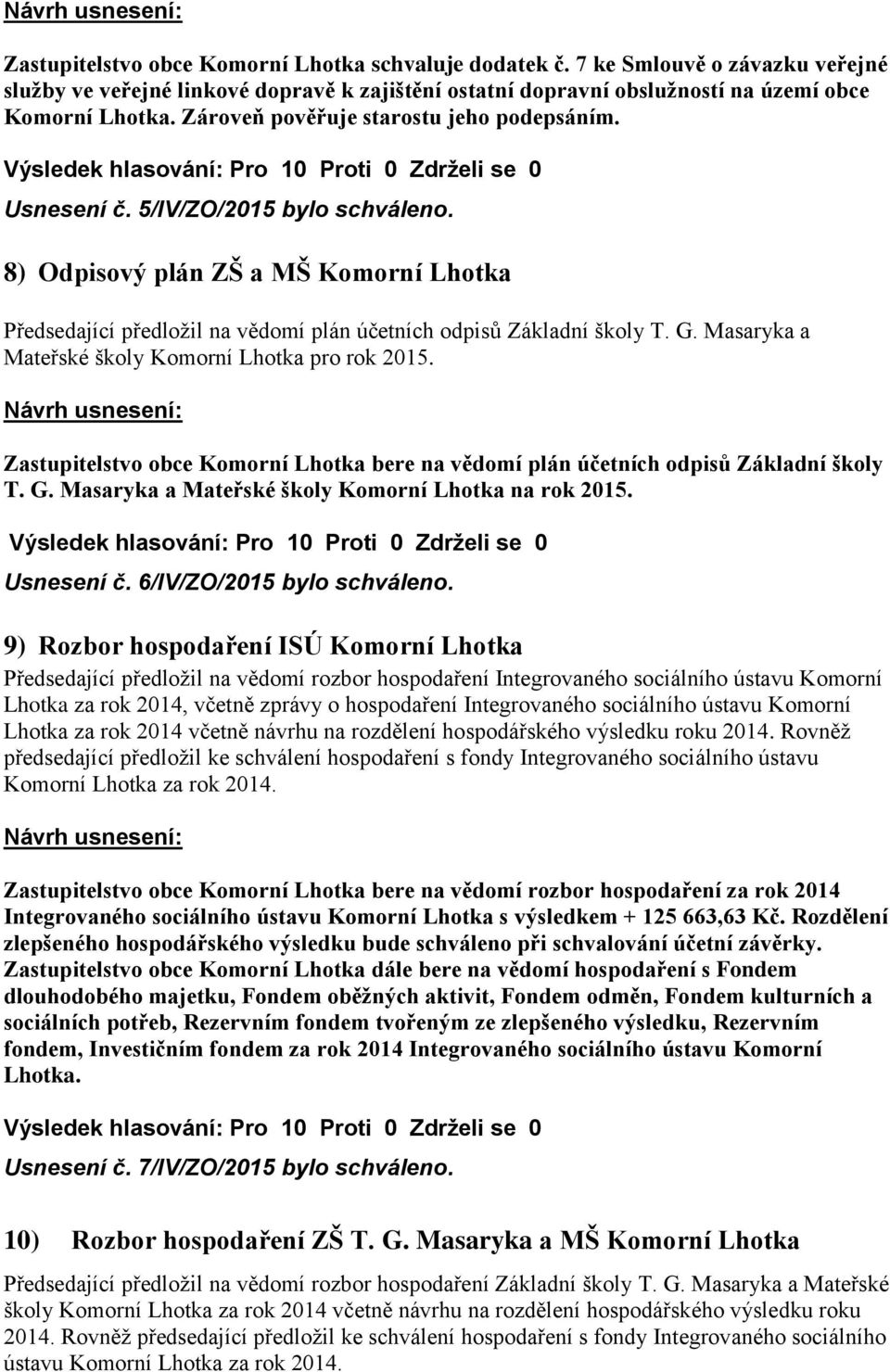 Masaryka a Mateřské školy Komorní Lhotka pro rok 2015. Zastupitelstvo obce Komorní Lhotka bere na vědomí plán účetních odpisů Základní školy T. G. Masaryka a Mateřské školy Komorní Lhotka na rok 2015.