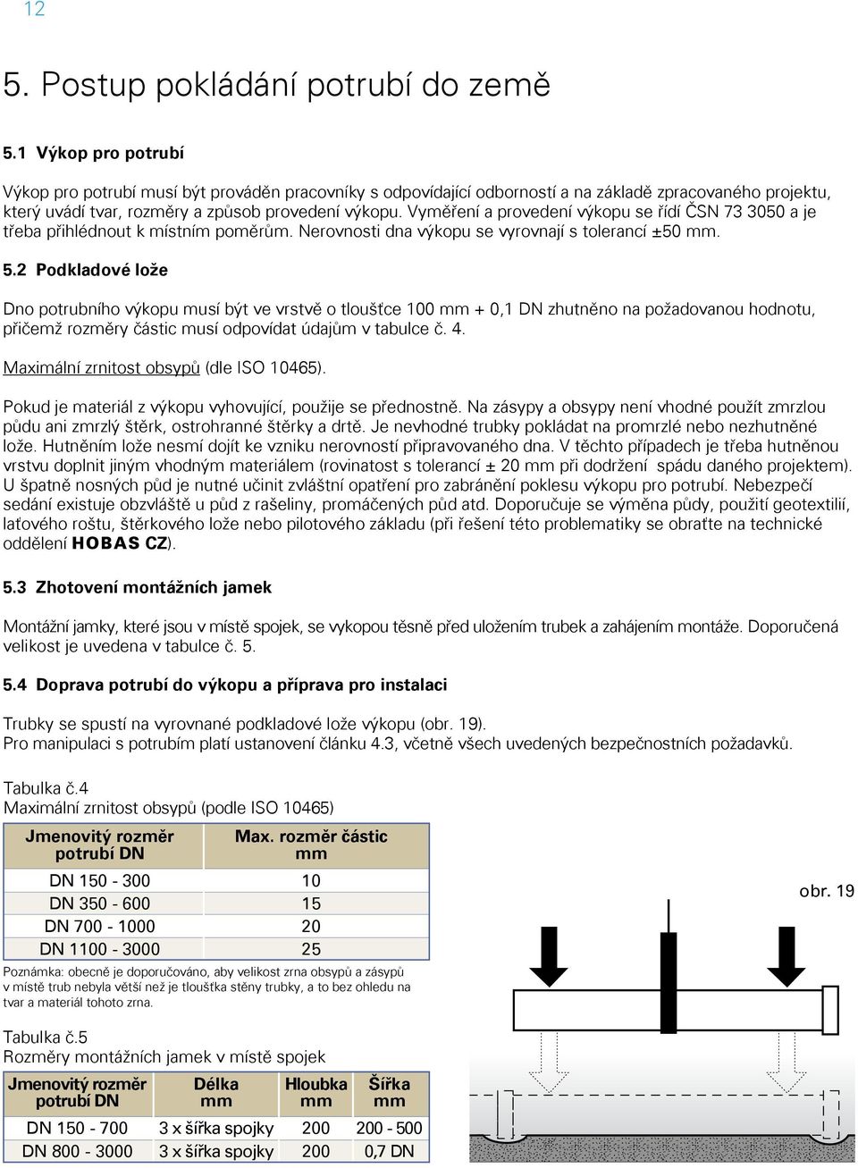 Vyměření a provedení výkopu se řídí ČSN 73 3050 a je třeba přihlédnout k místním poměrům. Nerovnosti dna výkopu se vyrovnají s tolerancí ±50 mm. 5.