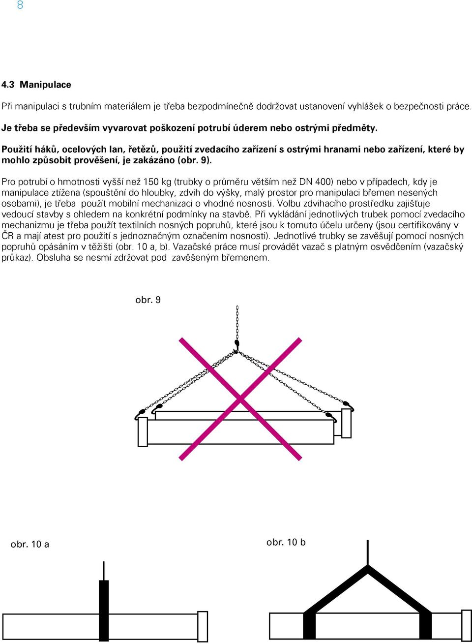 Použití háků, ocelových lan, řetězů, použití zvedacího zařízení s ostrými hranami nebo zařízení, které by mohlo způsobit prověšení, je zakázáno (obr. 9).