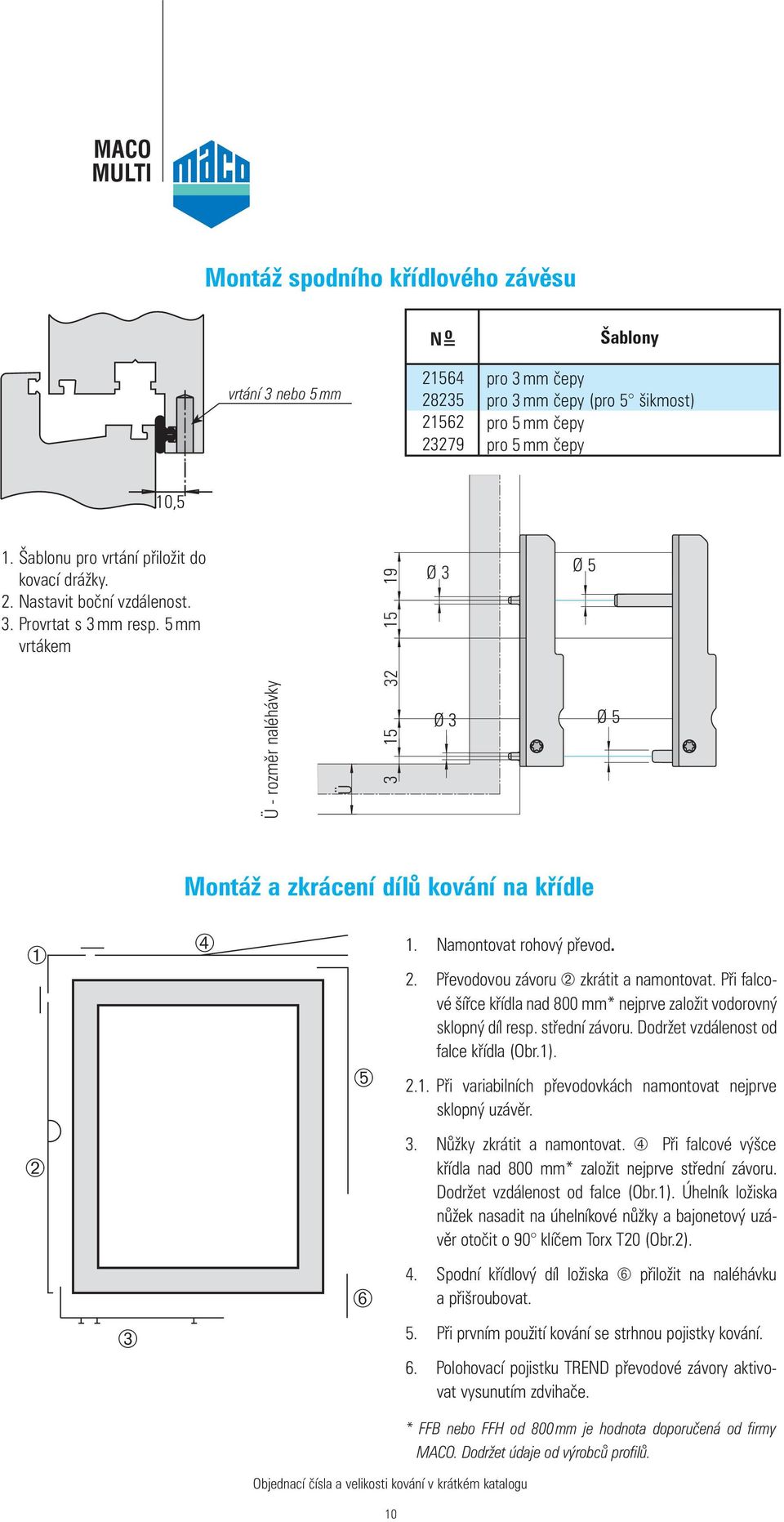 5 mm vrtákem Ü - rozměr naléhávky Ü 32 15 19 15 3 Ø 3 Ø 5 Ø 3 Ø 5 Montáž a zkrácení dílů kování na křídle ➀ ➃ ➄ 1. Namontovat rohový přev. 2. Převovou závoru ➁ zkrátit a namontovat.