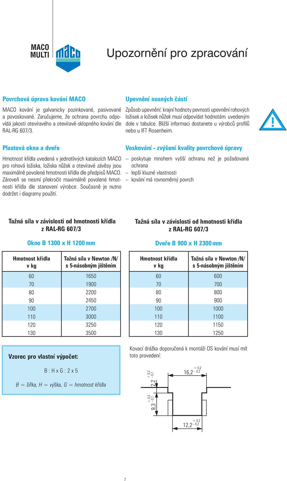Plastová okna a dveře Hmotnost křídla uvedená v jednotlivých katalozích MACO pro rohová ložiska, ložiska nůžek a otevíravé závěsy jsou maximálně povolené hmotnosti křídla dle předpisů MACO.