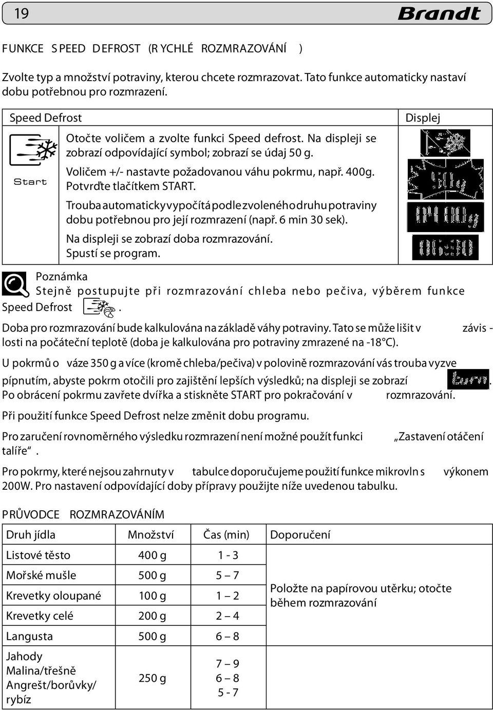 Potvrďte tlačítkem START. Trouba automaticky vypočítá podle zvoleného druhu potraviny dobu potřebnou pro její rozmrazení (např. 6 min 30 sek). Na displeji se zobrazí doba rozmrazování.