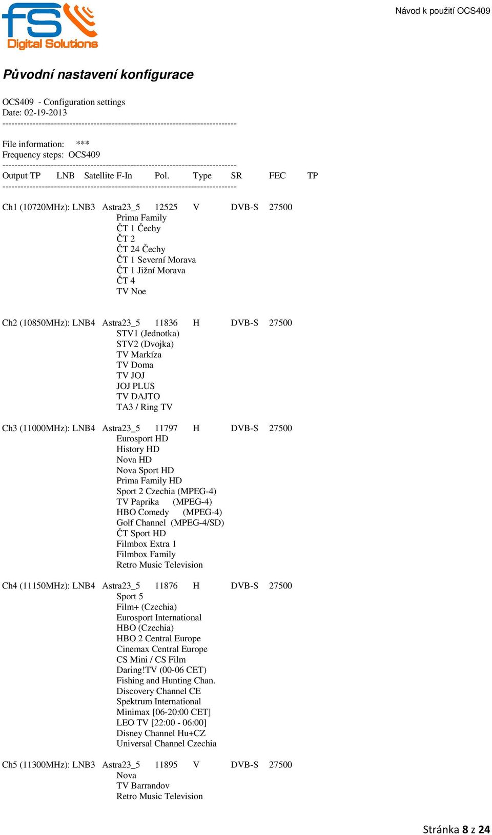 Type SR FEC TP ----------------------------------------------------------------------------- Ch1 (10720MHz): LNB3 Astra23_5 12525 V DVB-S 27500 Prima Family ČT 1 Čechy ČT 2 ČT 24 Čechy ČT 1 Severní
