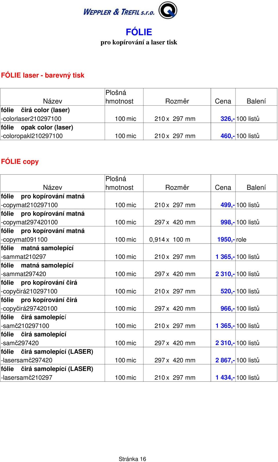 listů fólie pro kopírování matná -copymat297420100 100 mic 297 x 420 mm 998,- 100 listů fólie pro kopírování matná -copymat091100 100 mic 0,914 x 100 m 1950,- role fólie matná samolepící