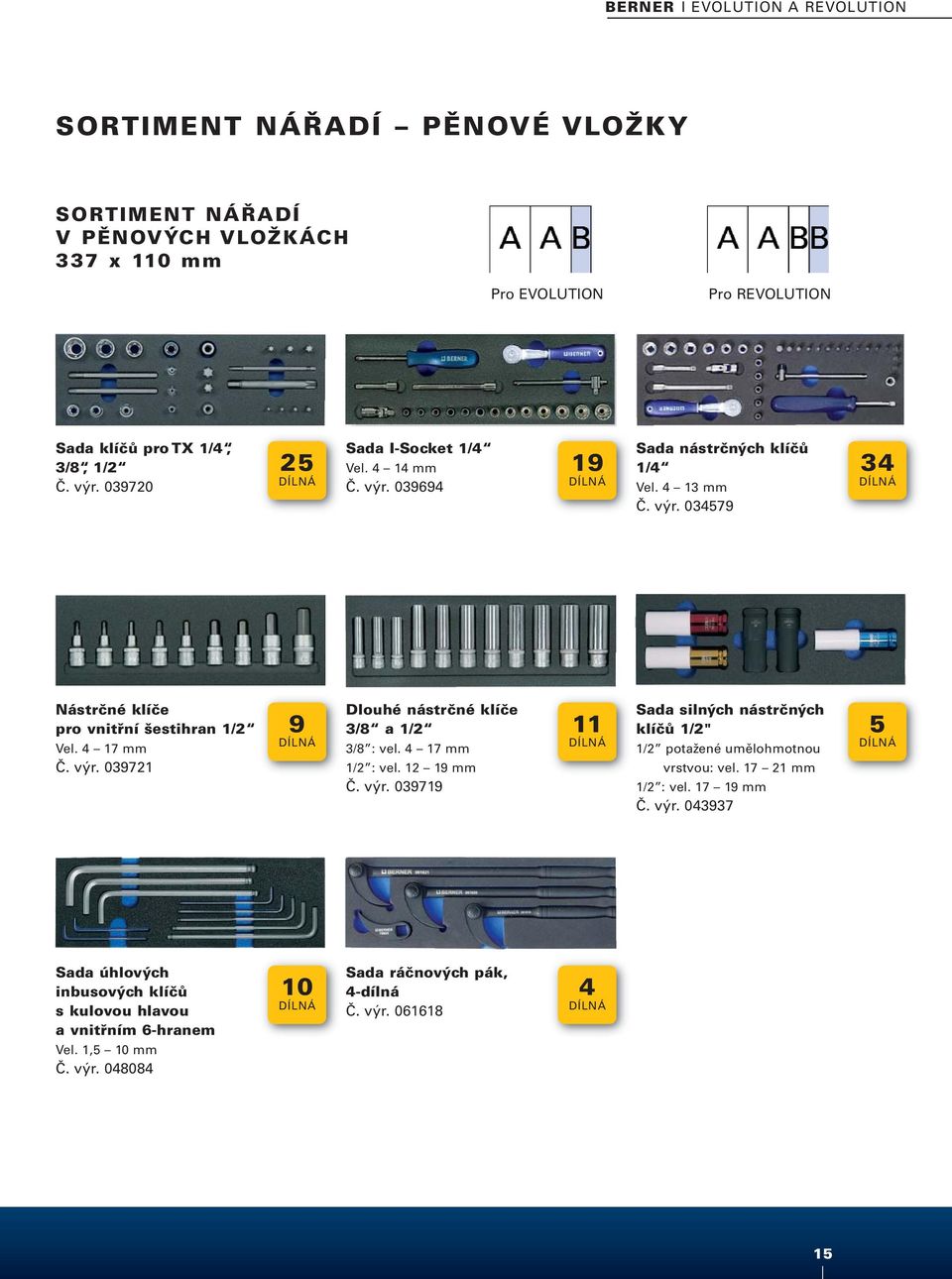 4 17 mm 1/2 : vel. 12 19 mm Č. výr. 039719 11 Sada silných nástrčných klíčů 1/2" 1/2 potažené umělohmotnou vrstvou: vel. 17 21 mm 1/2 : vel. 17 19 mm Č. výr. 043937 5 Sada úhlových inbusových klíčů s kulovou hlavou a vnitřním 6-hranem 10 Sada ráčnových pák, 4-dílná Č.
