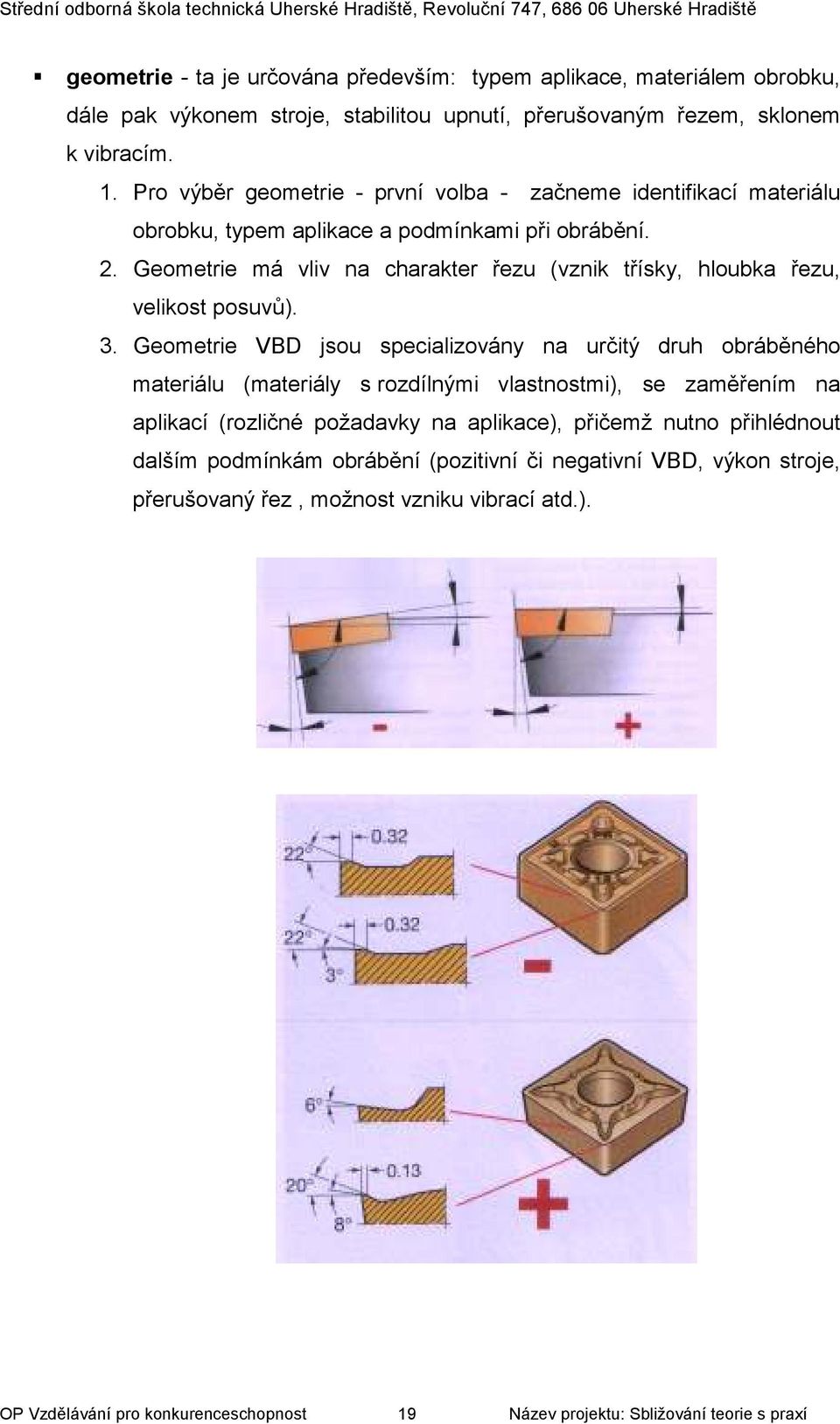 Geometrie má vliv na charakter řezu (vznik třísky, hloubka řezu, velikost posuvů). 3.